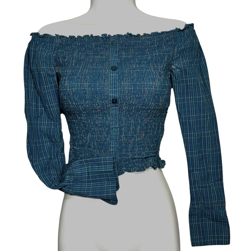 Aeropostale Shirt Womens Small Blue Plaid Smocked Off Shoulder Button Front